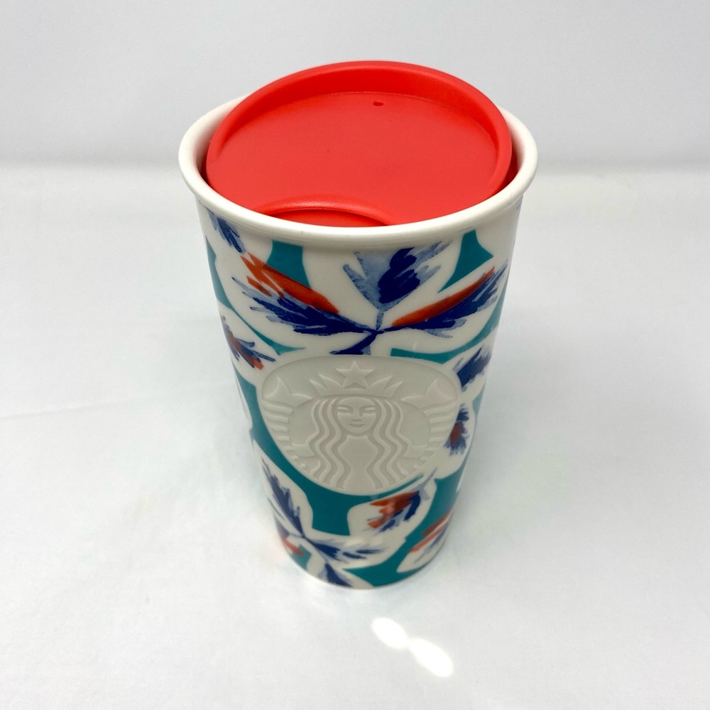 2016 Starbucks Ceramic Tumbler Teal & Coral Floral Pink Lid
